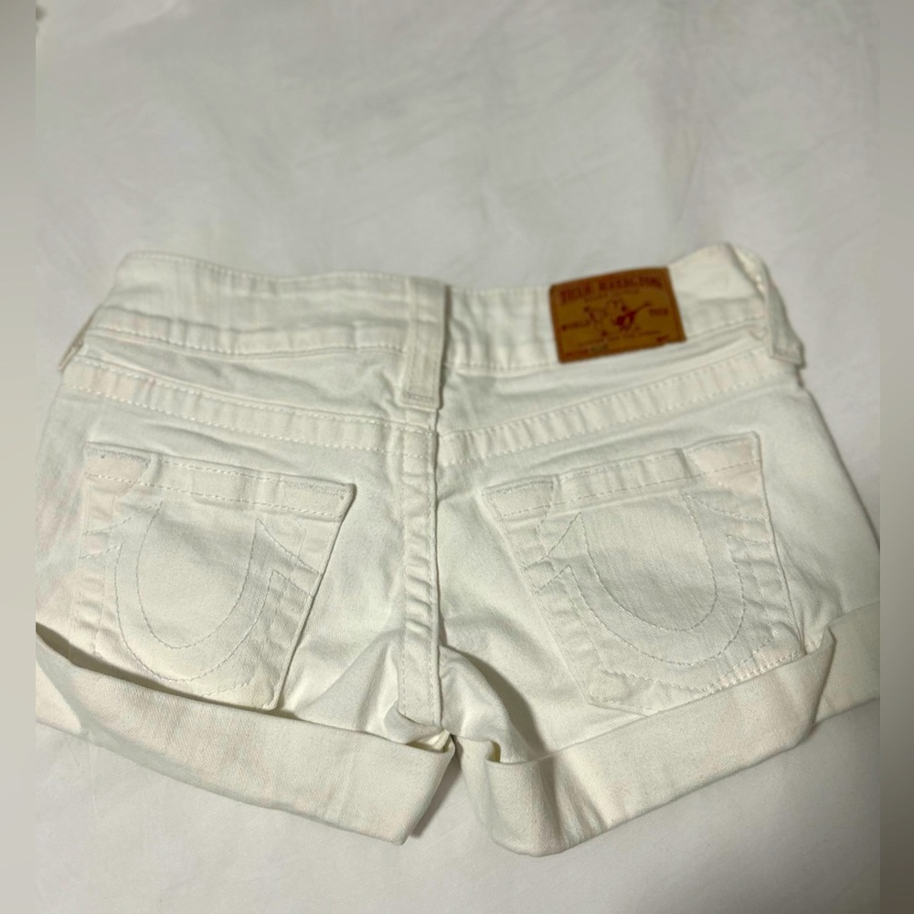 True Religion White Jean Shorts Distressed Hem